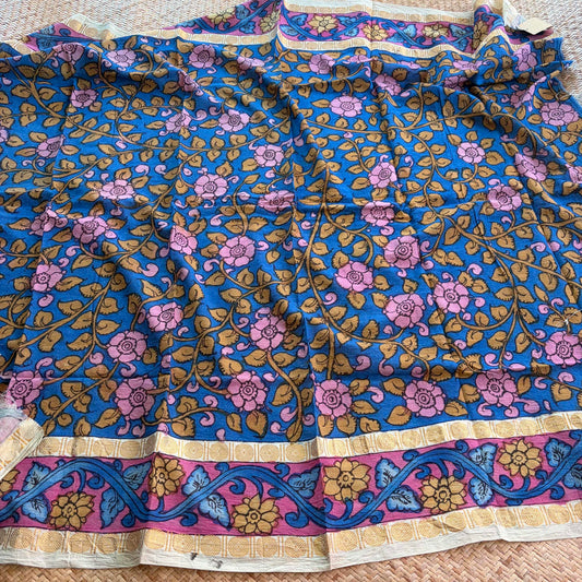 Blue Floral, Kalamkari Hand Painted on a Madurai Sungudi Cotton 1.20 METER FABRIC