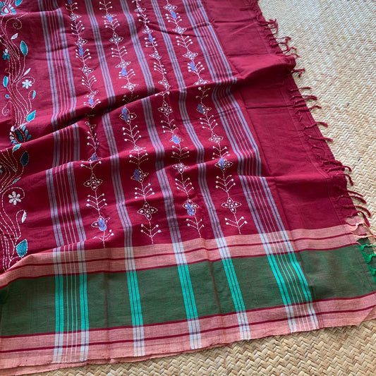 Arupukottai Hand woven Saree with multi colour thread Kantha embroidery