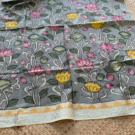 Grey Floral, Kalamkari Hand Painted on a Madurai Sungudi Cotton BLOUSE