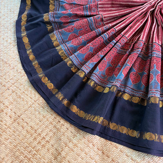 Madder Stripes, Ajrak Hand Block Printed On Madurai Cotton Saree With Zari