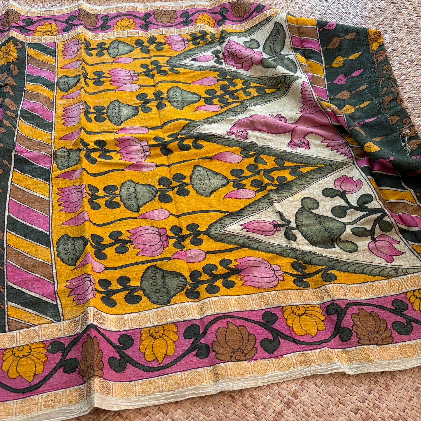 Green Kalamkari Hand Painted on Cotton Sungudi Saree With Blouse