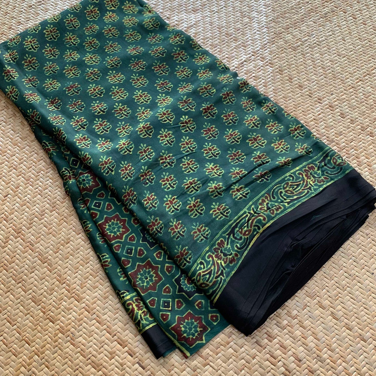 Green, Ajrak Hand Block Printed On Modal Silk