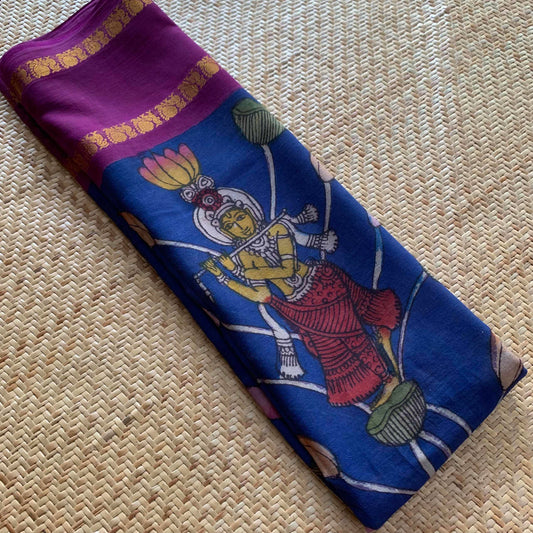 Krishna, Kalamkari Hand Painted on a Madurai Sungudi Cotton saree.