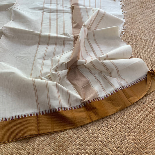 Chettinad Cotton Saree, Cream Saree With Brown Border