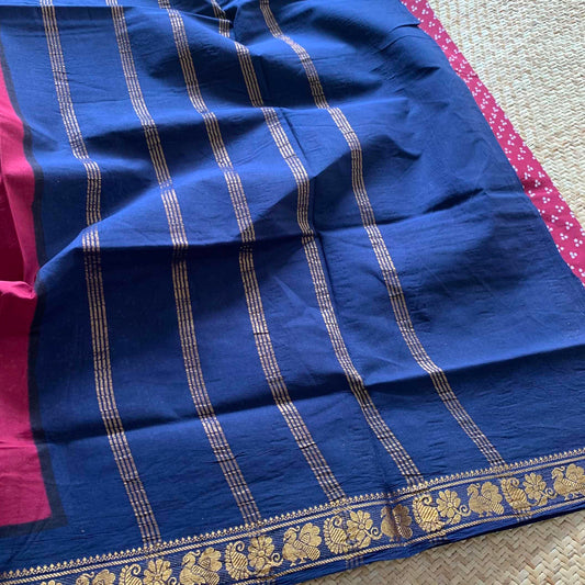 Araku With Blue Wax Print, Half Fine Zari Premium Sungudi Cotton Sarees