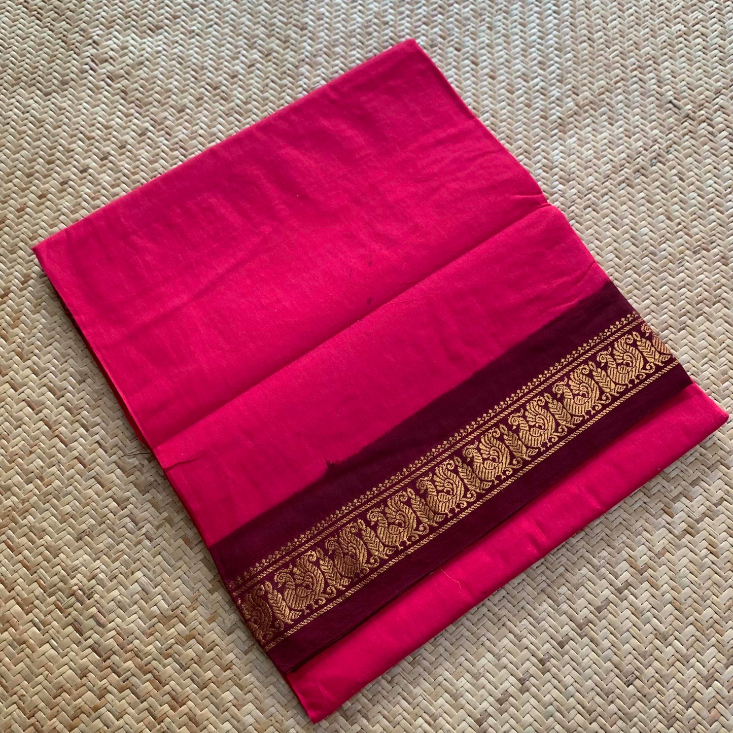 Pink Saree With Maroon Half Fine Zari Border, Clamp dyed (Kattu sayam).