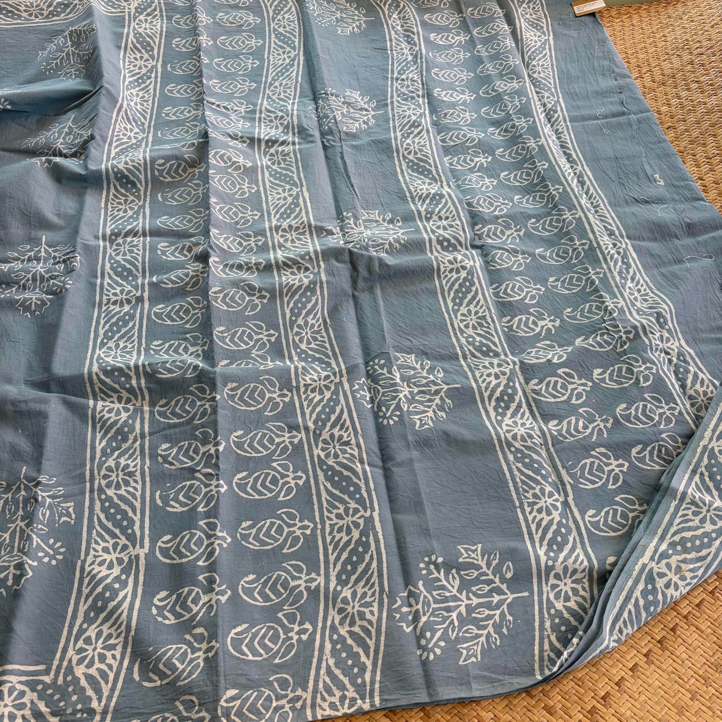 Mul Mul Cotton saree, Hand Block Printed, Powder Blue
