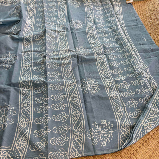 Mul Mul Cotton saree, Hand Block Printed, Powder Blue