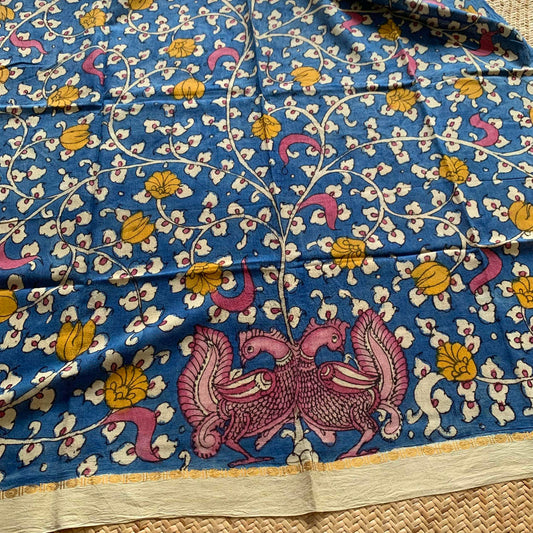 Blue Floral, Kalamkari Hand Painted on a Madurai Sungudi Cotton CUT FABRIC