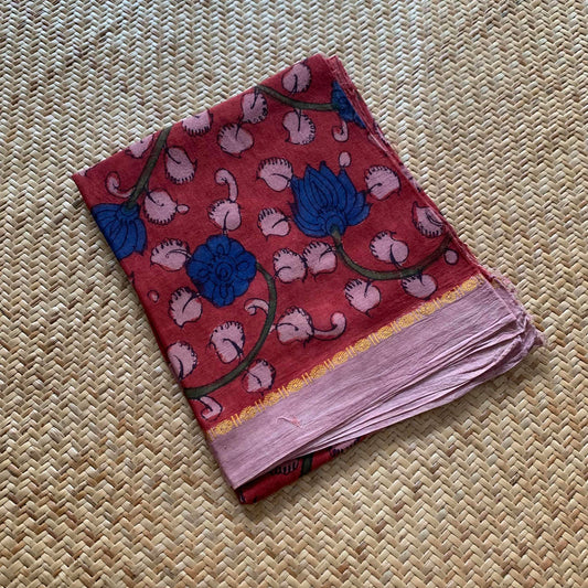 Red Floral, Kalamkari Hand Painted on a Madurai Sungudi Cotton CUT FABRIC