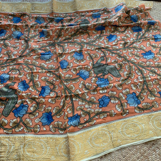 Peach Floral, Kalamkari Hand Painted on a Madurai Sungudi Cotton BLOUSE