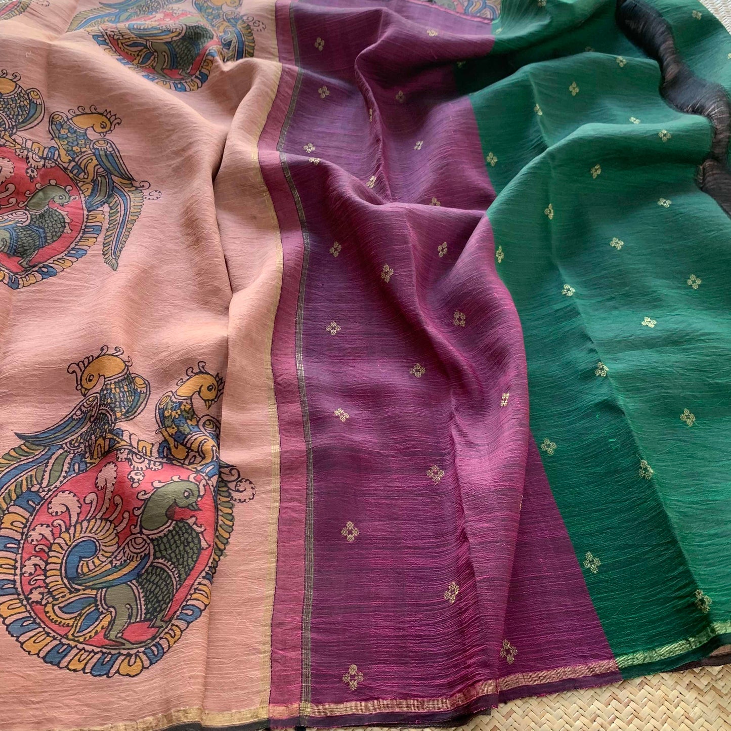 Dusty Pink Hand Paint Kalamkari On Kanchivaram Silk Saree