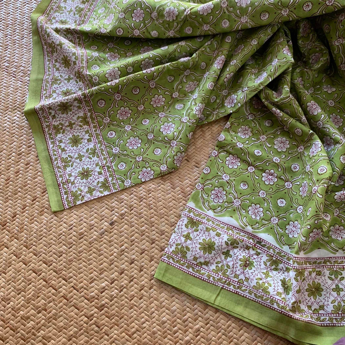 Mul Mul Cotton saree, Hand Block Printed, Green