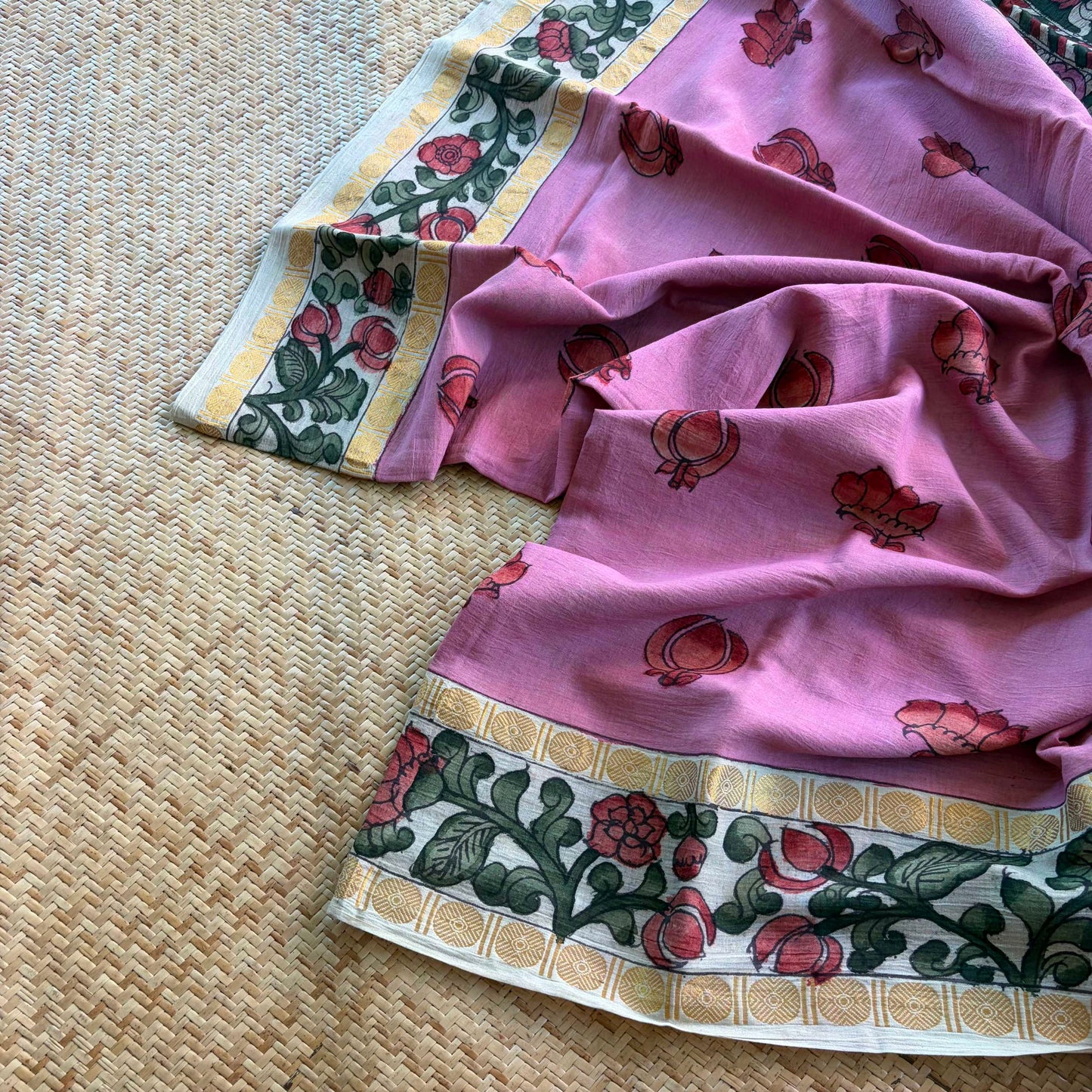 Dusty Pink Kalamkari Hand Painted on Cotton Sungudi Saree With Blouse