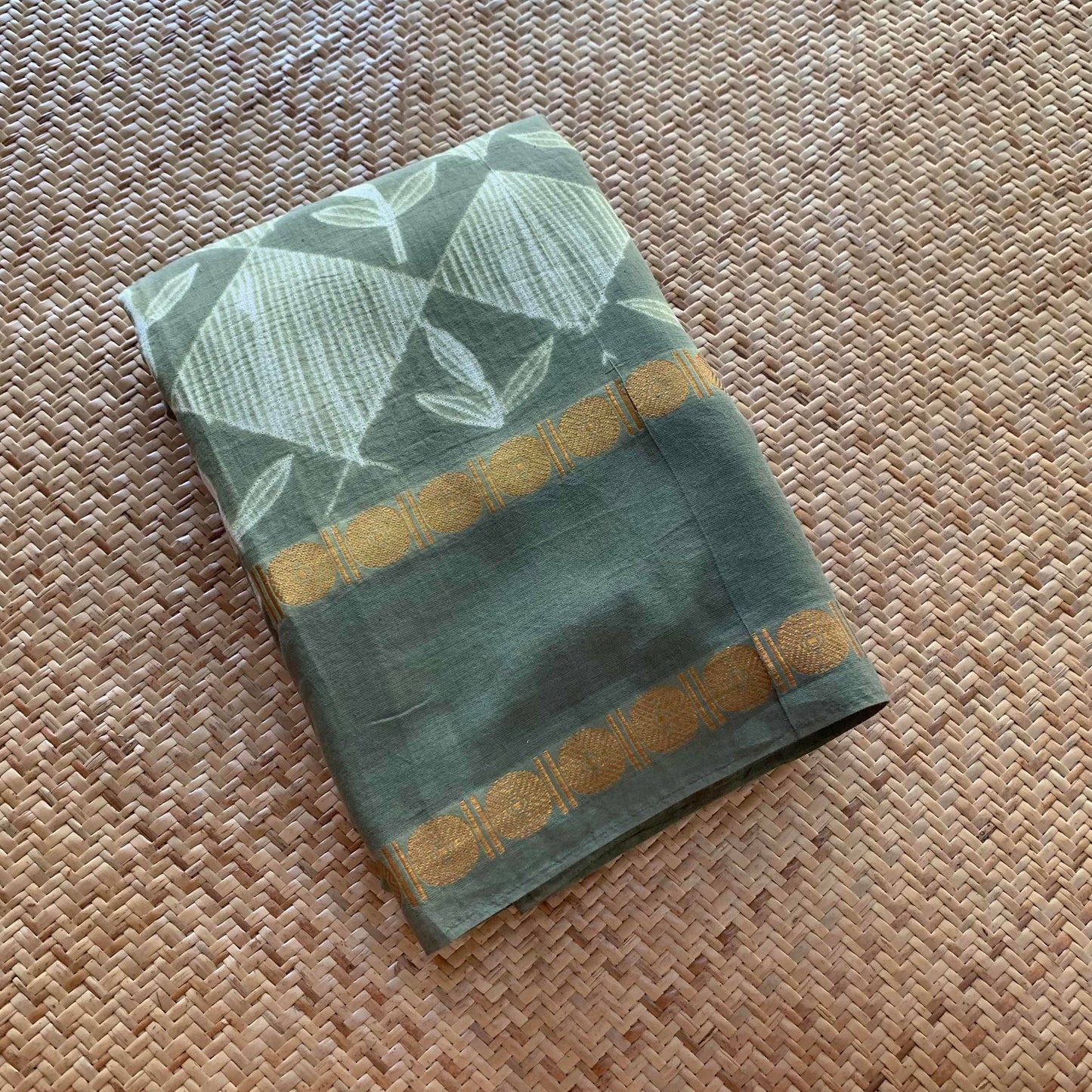 Tea Leaves - Smoke Green, Hand Crafted Shibori Sungudi Cotton Saree