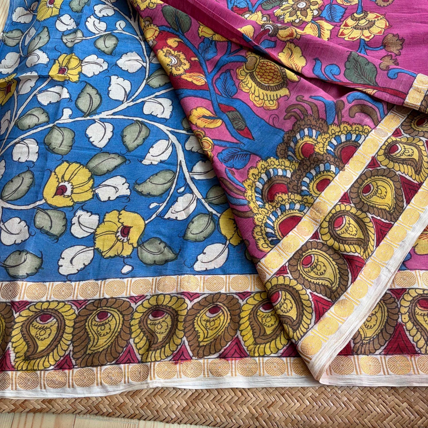 Pink Kalamkari Hand Painted on Cotton Sungudi Saree With Blouse