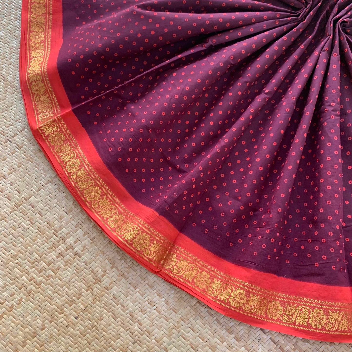 Maroon  Saree With Orange Wax Print, Half Fine Zari Premium Sungudi Cotton Sarees