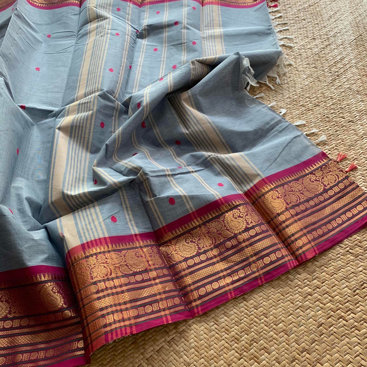 Chettinad Cotton Saree, Grey Saree with Pink Border