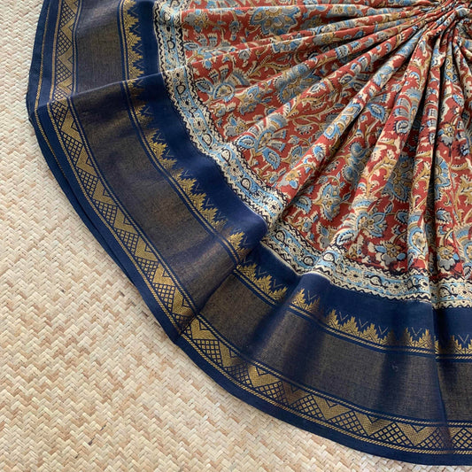 Navy with Red, Kalamkari Hand Block Printed On Madurai Cotton Saree With Zari