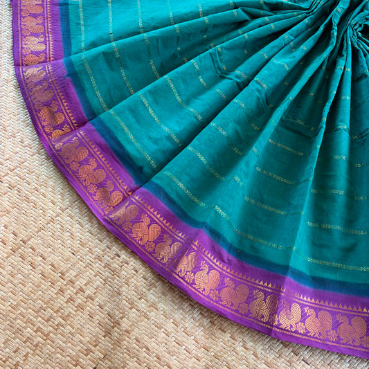 Green saree with Purple Border, Zari Velthari Madurai Sungadi Saree with blouse