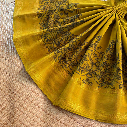 Mustard, Kalamkari Hand Painted on a Madurai Sungudi Cotton saree.