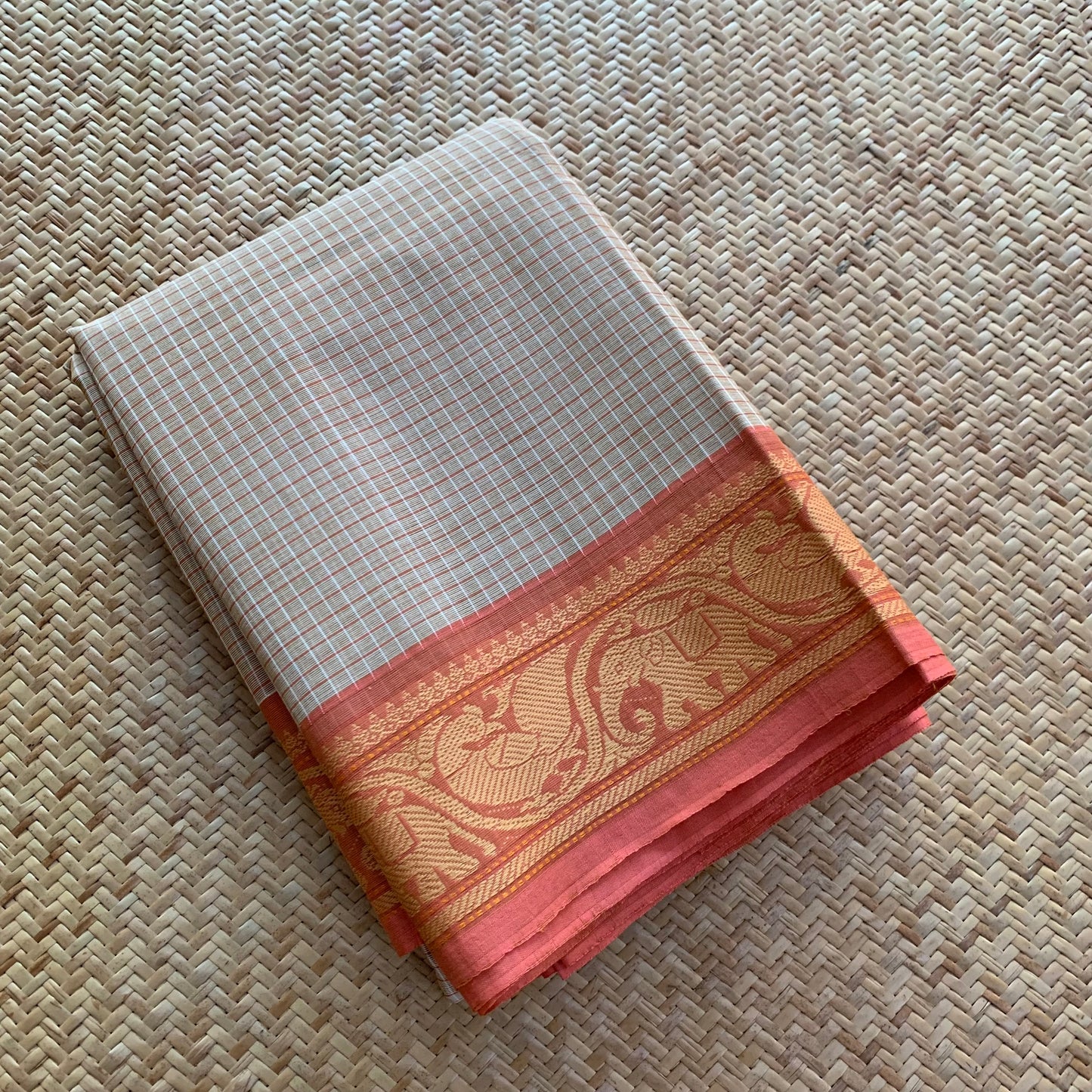 Chettinad Cotton Saree, Beige Saree With Orange Border