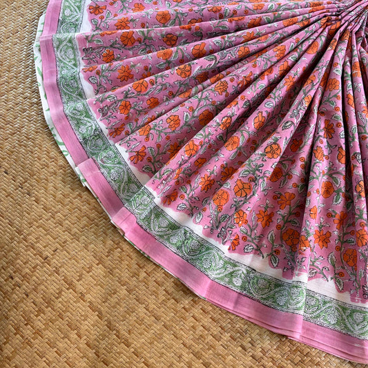 Mul Mul Cotton saree, Hand Block Printed, Pink