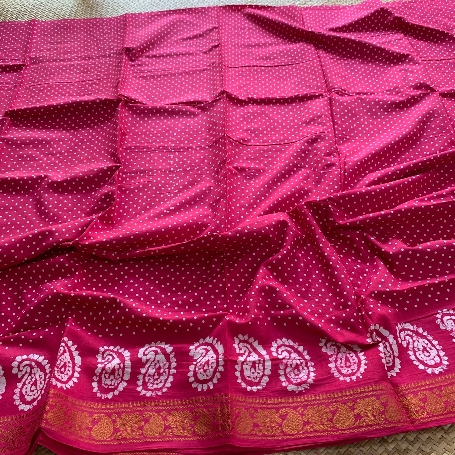 Pink Hand Crafted wax print Sungudi Mul Mul Cotton Saree