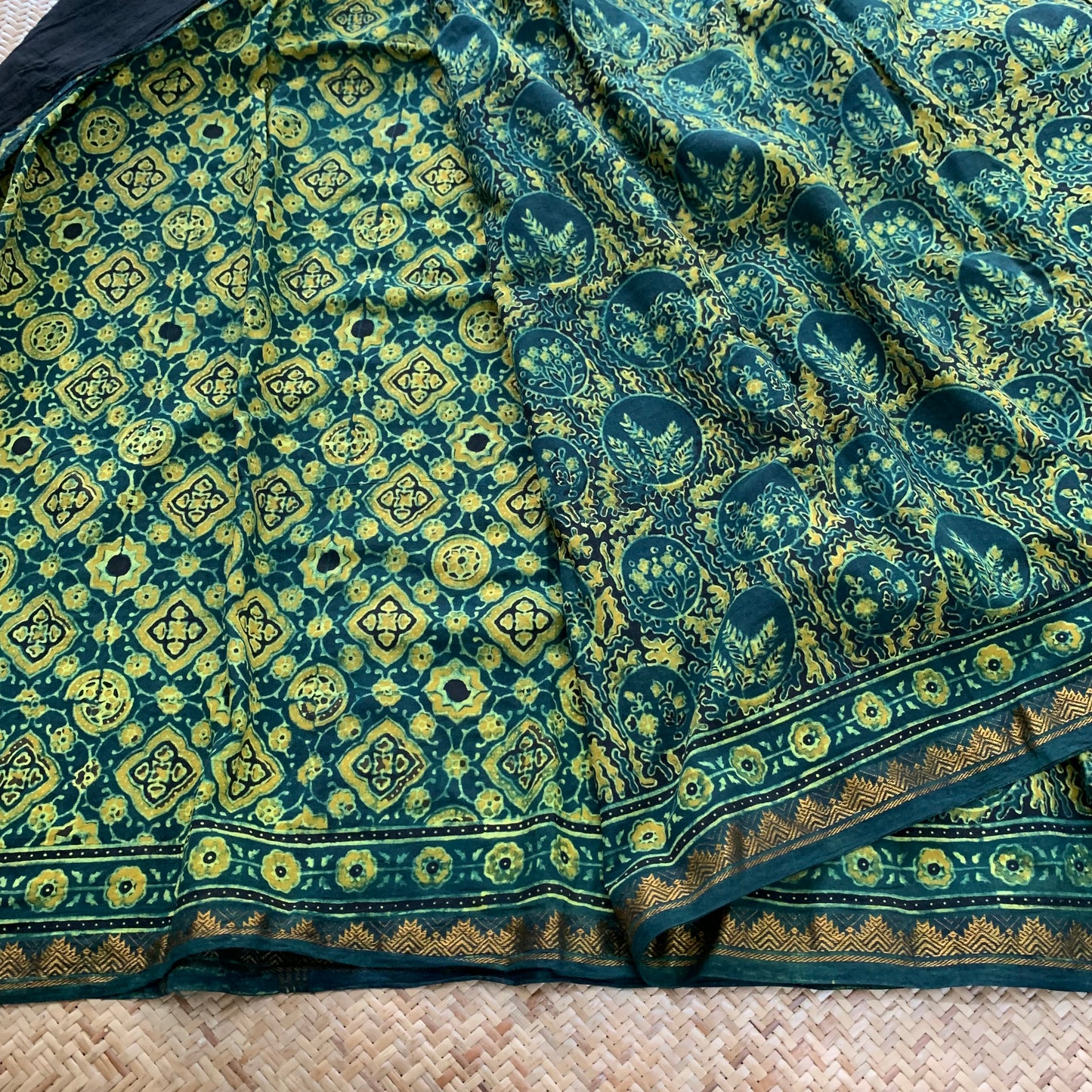 Algae- Green, Ajrak Hand Block Printed On Madurai Cotton Saree With Zari