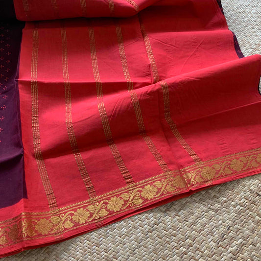 Beetle nut Brown With Red Wax Print, Half Fine Zari Premium Sungudi Cotton Sarees