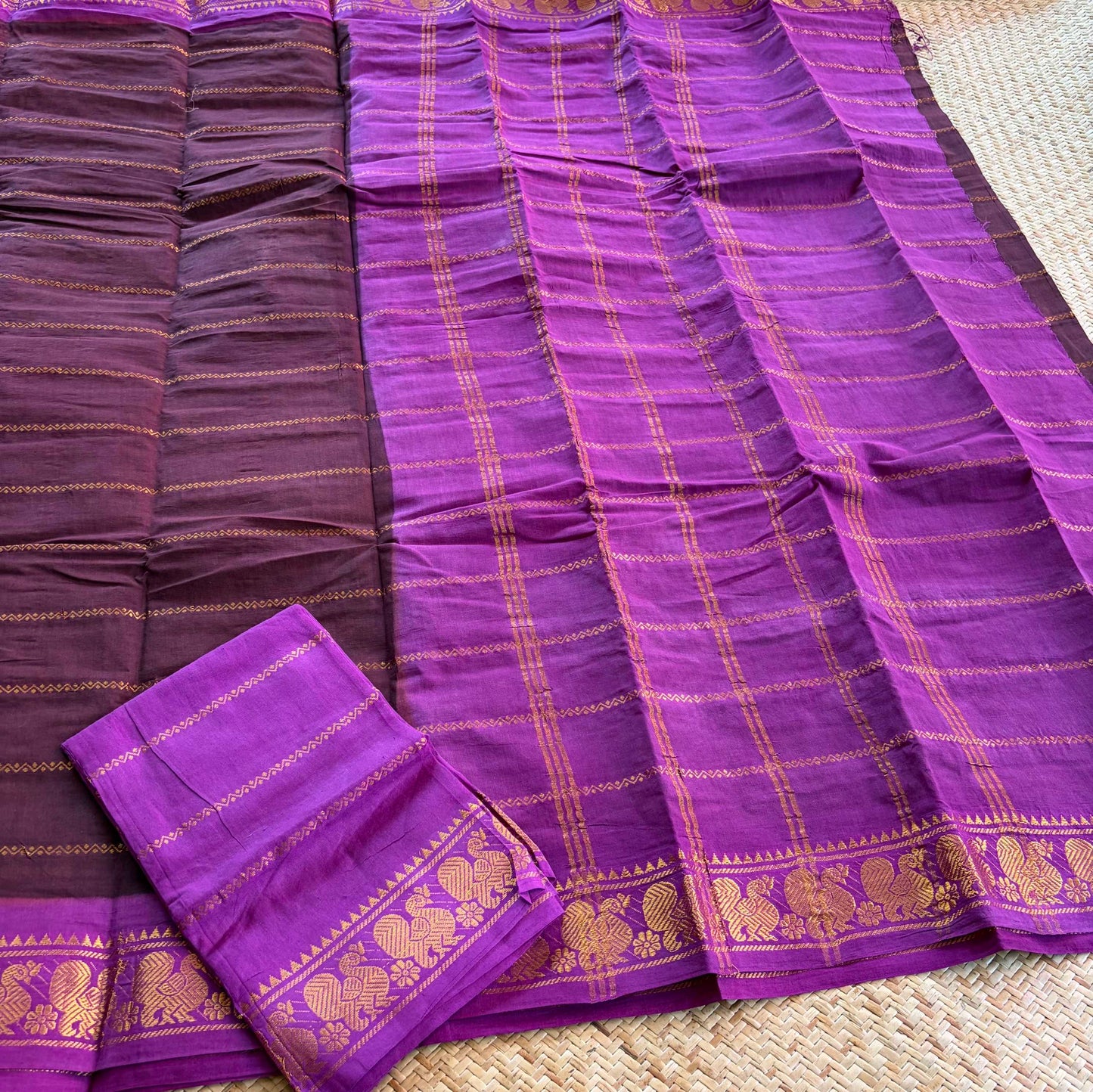 Brown saree with Purple Border, Zari Velthari Madurai Sungadi Saree with blouse