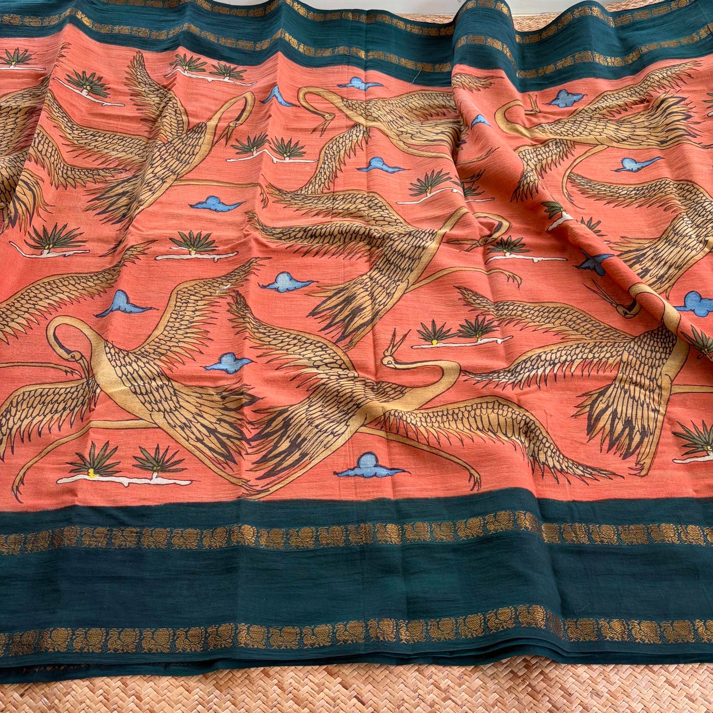 Crane, Kalamkari Hand Painted on a Madurai Sungudi Cotton saree.