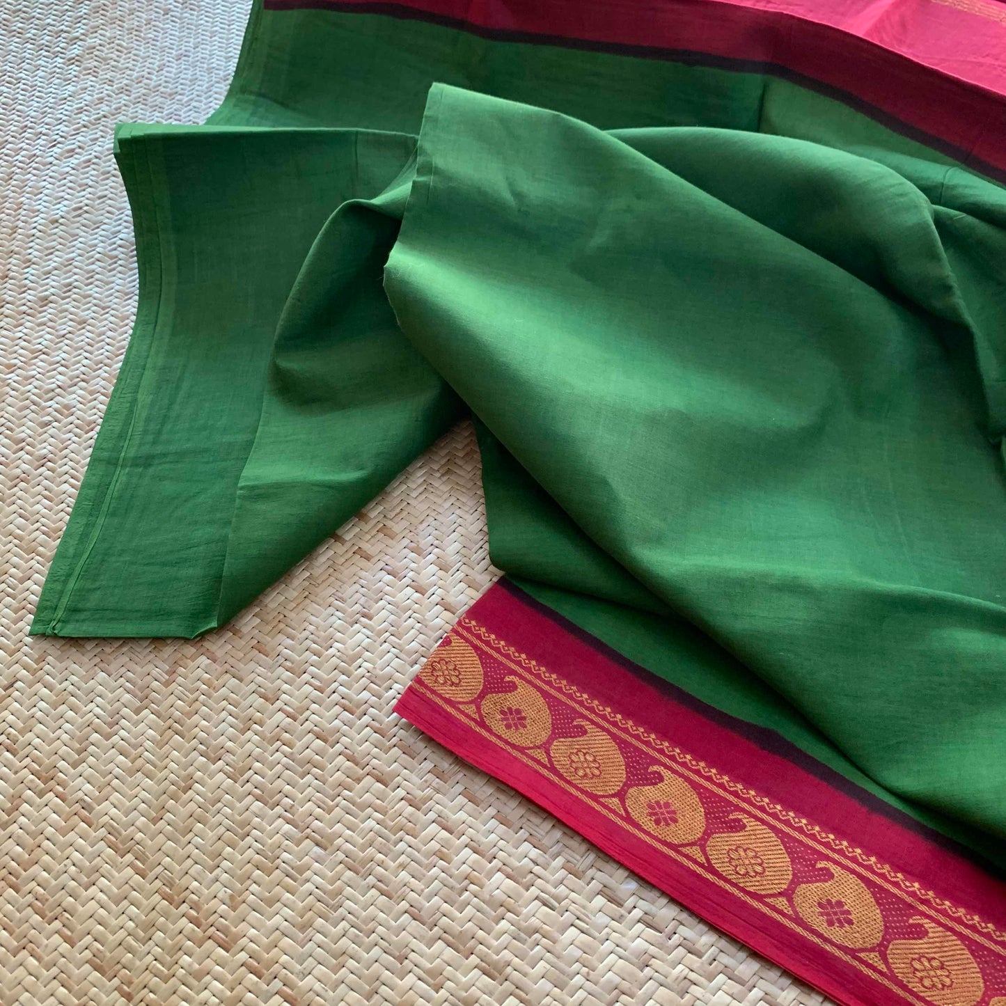 Green Saree With Red Half Fine Zari Border, Clamp dyed (Kattu sayam).