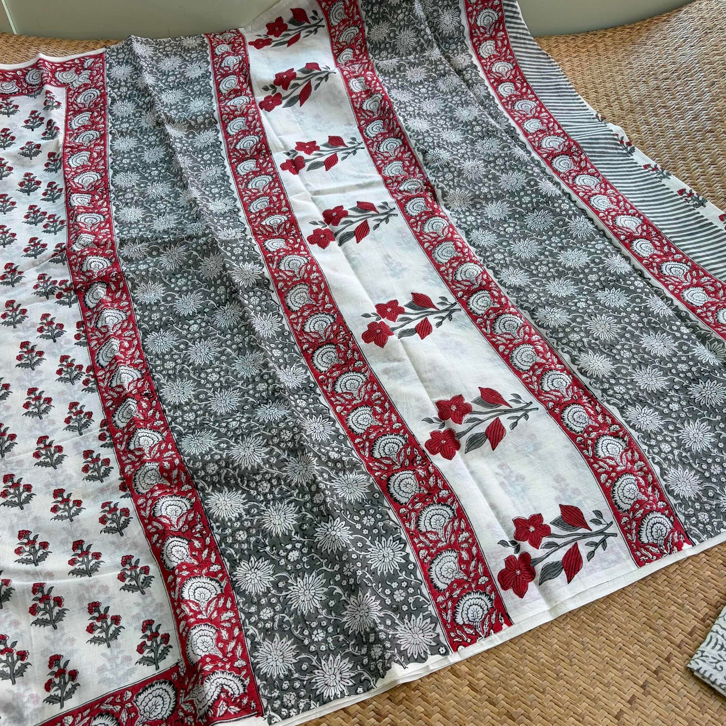 Mul Mul Cotton saree, Hand Block Printed, White
