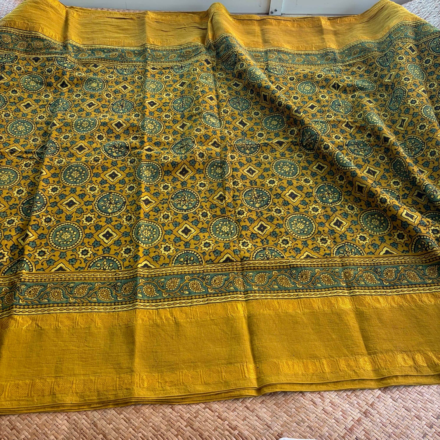 Mustard, Ajrak Hand Block Printed On Madurai Cotton Saree With Zari