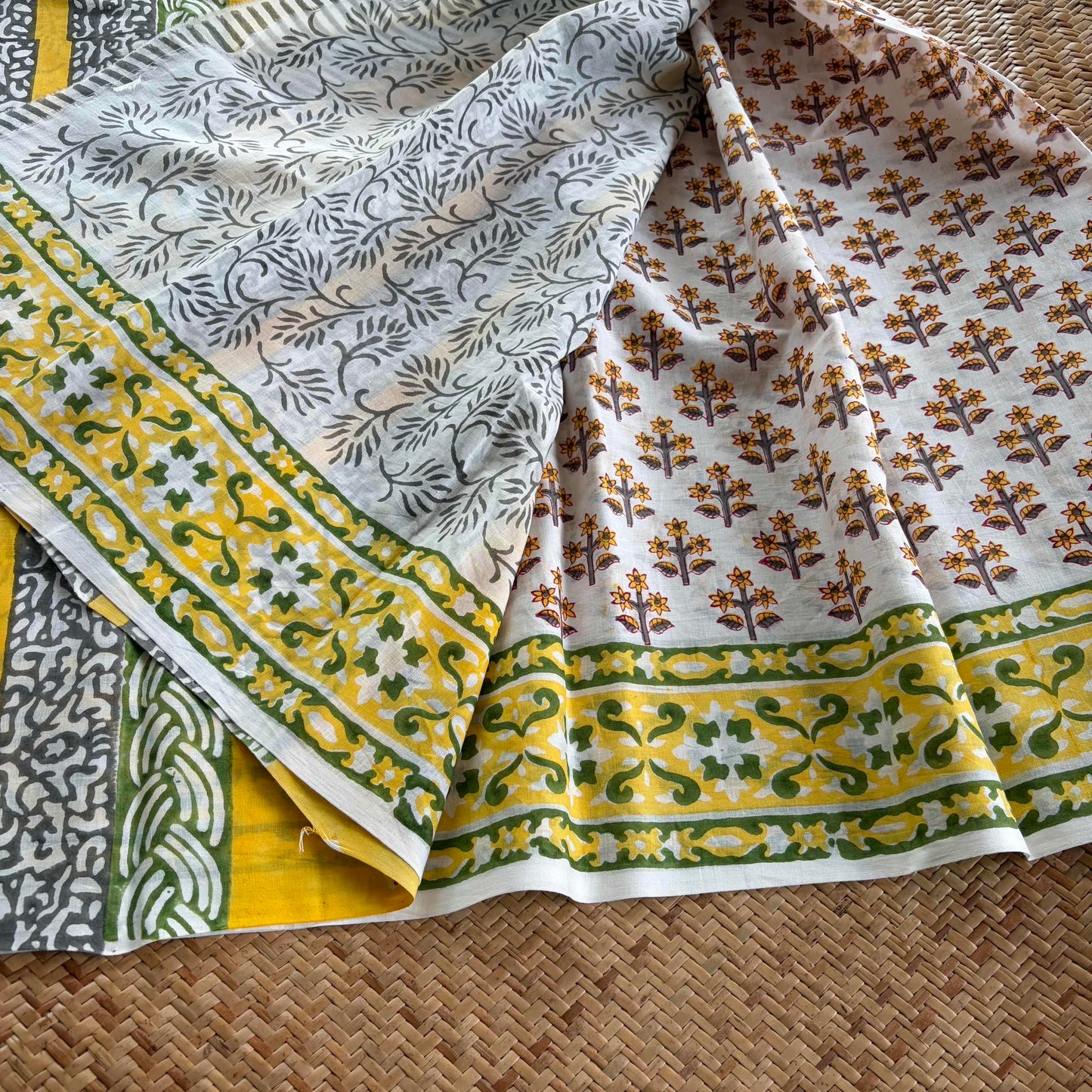 Mul Mul Cotton saree, Hand Block Printed, Off white
