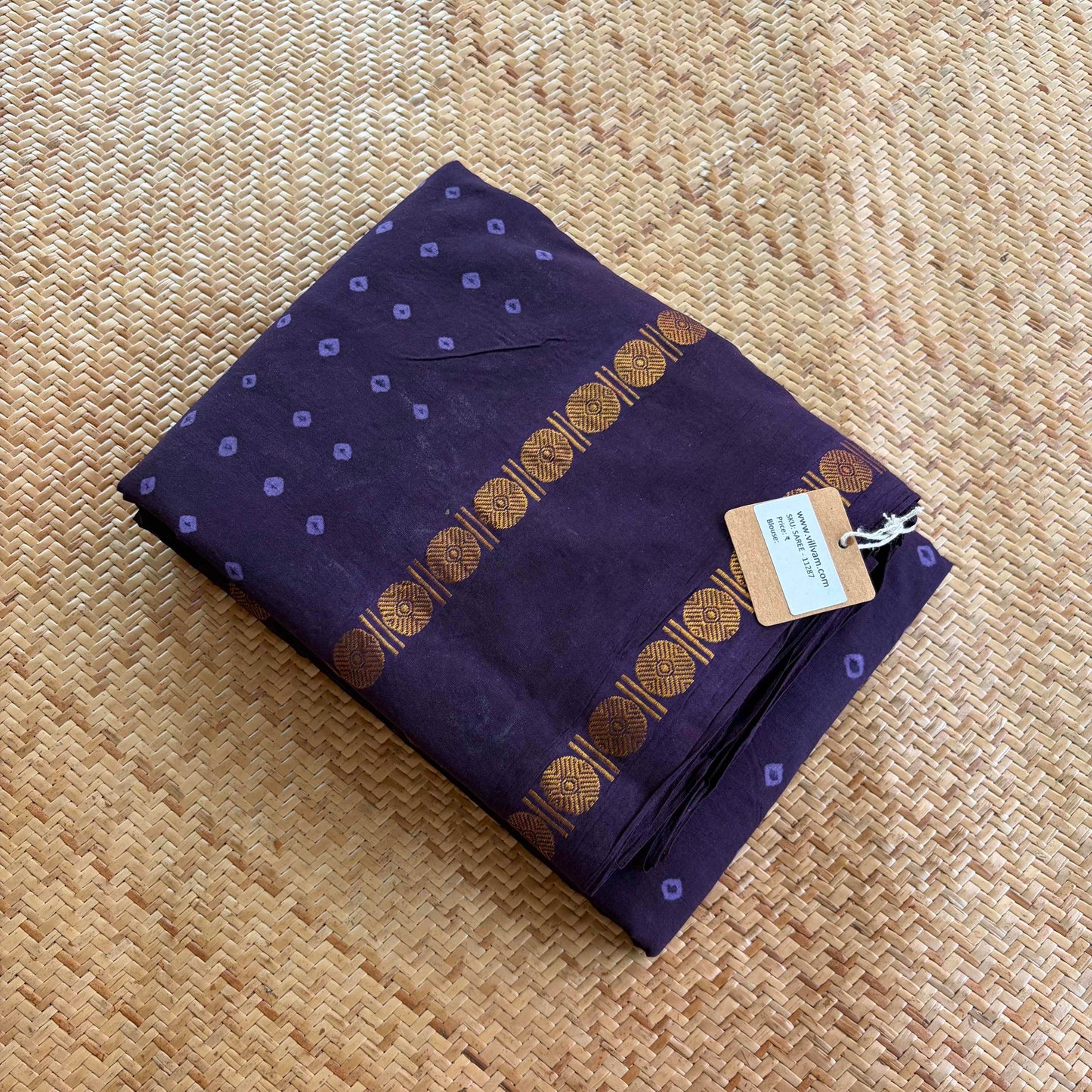 Voilet Saree, Hand knotted Sungudi On a Rudraksham Border Cotton saree, Kaikattu Sungadi