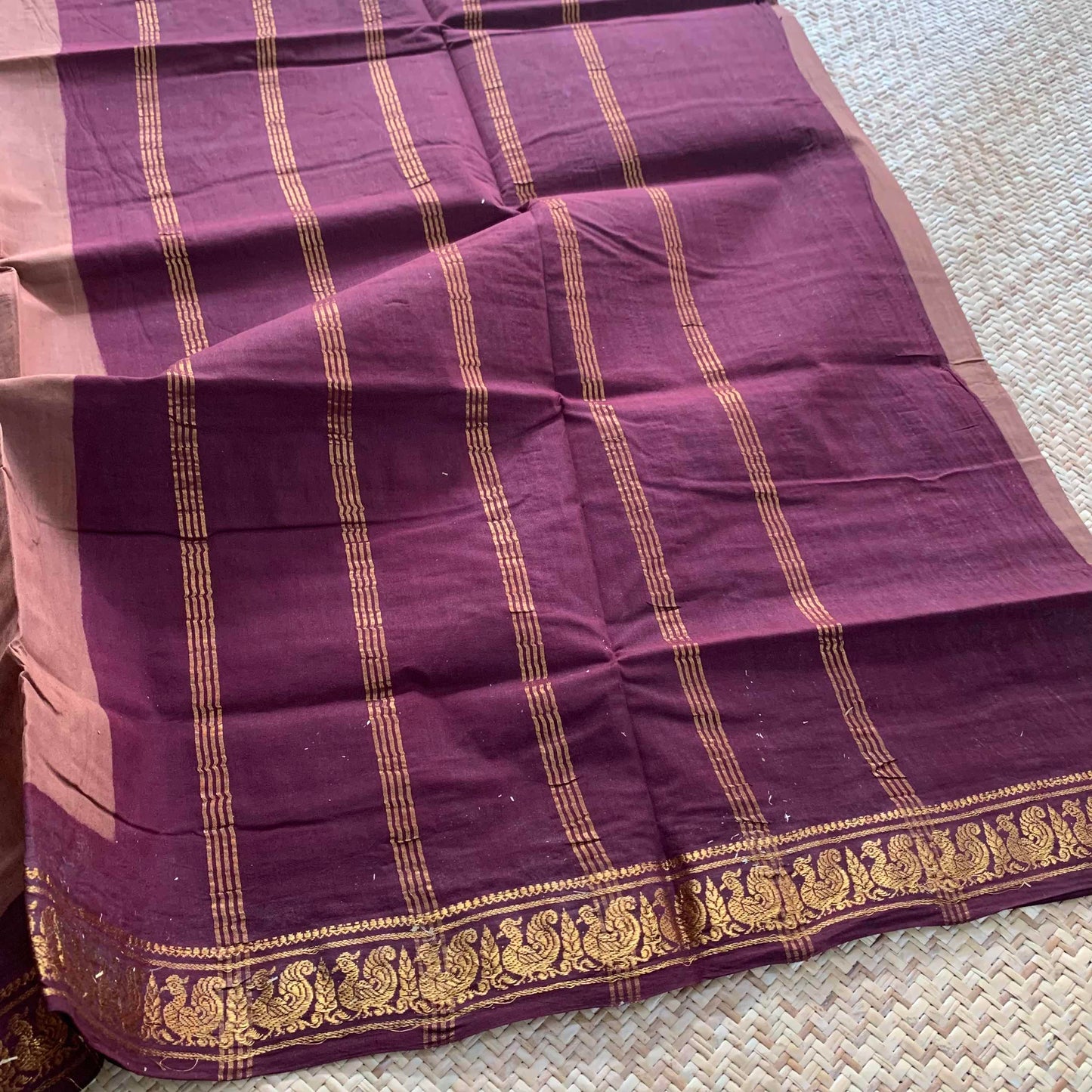 Chocolate Brown Saree With Beetle Nut Brown Half Fine Zari Border, Clamp dyed (Kattu sayam).