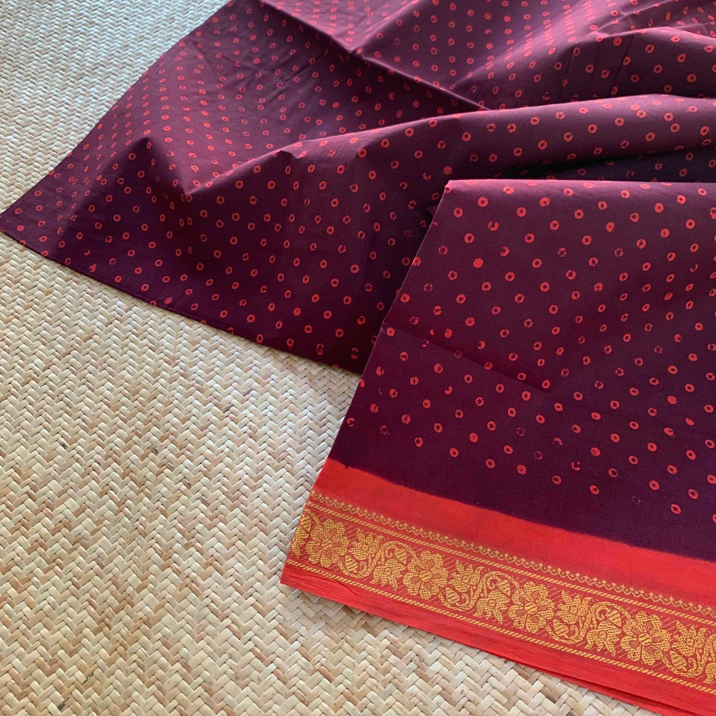 Maroon  Saree With Orange Wax Print, Half Fine Zari Premium Sungudi Cotton Sarees