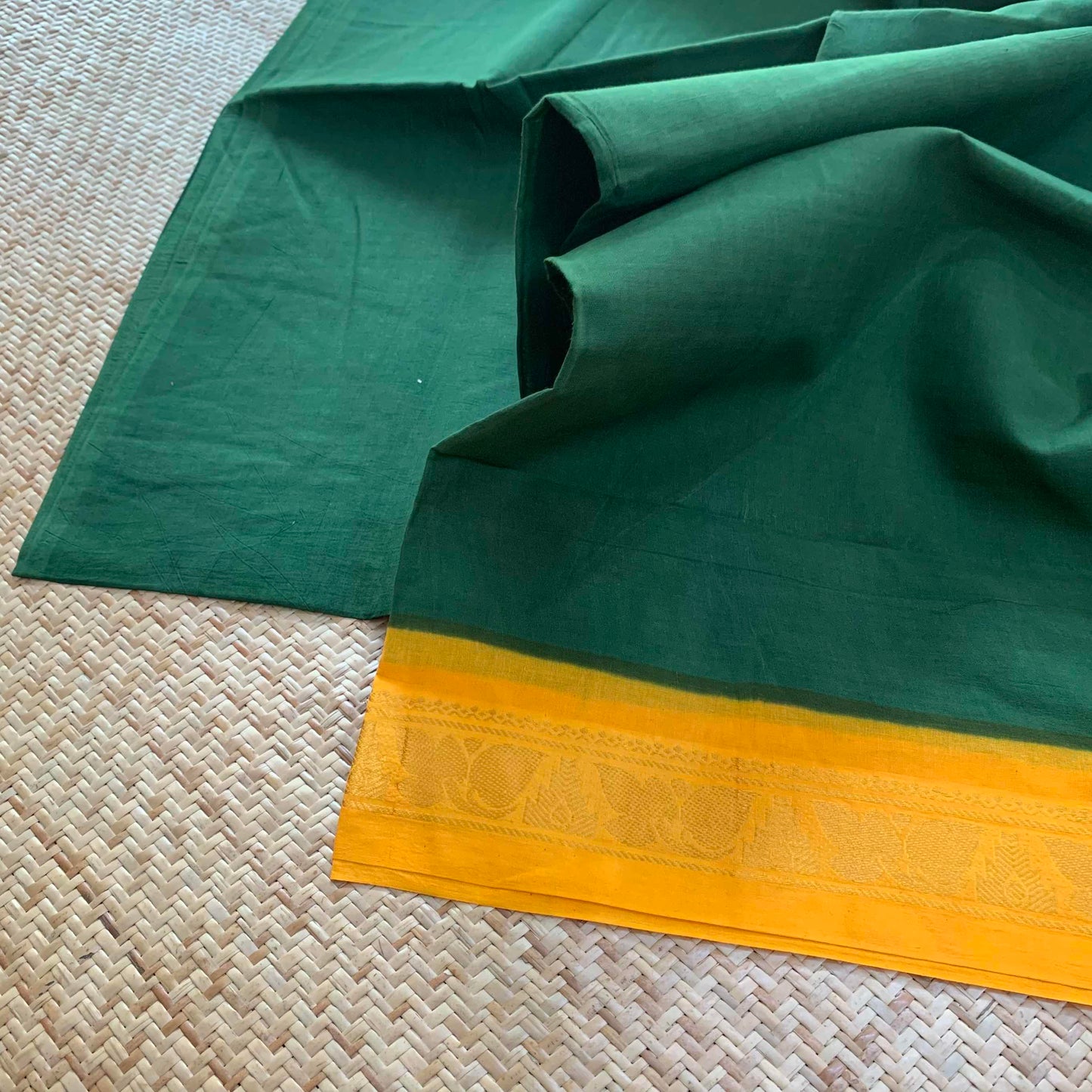 Green Saree With Yellow Half Fine Zari Border, Clamp dyed (Kattu sayam).