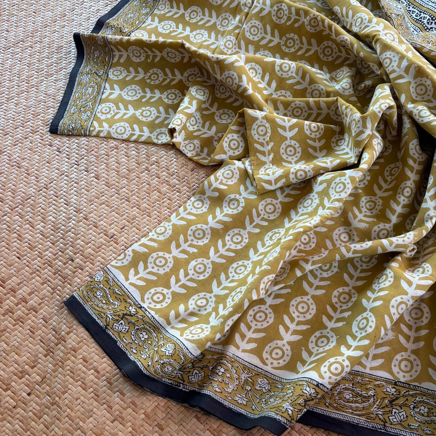 Mul Mul Cotton saree, Hand Block Printed, Yellow