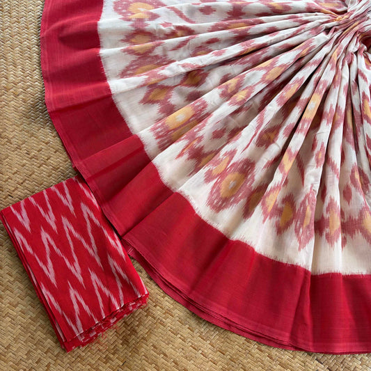Red, Pochambally Ikkat Hand Woven Cotton Saree