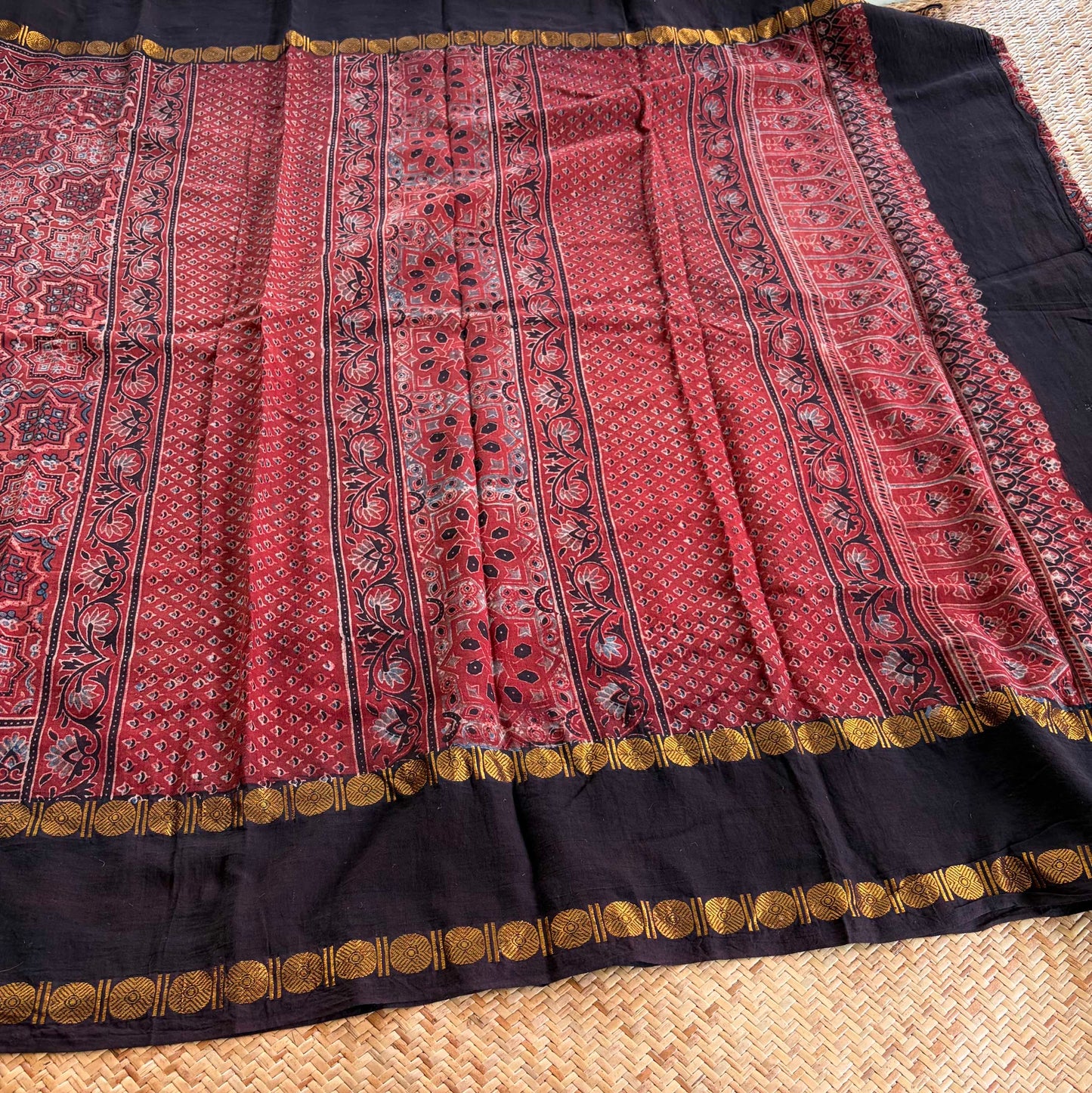 Star Madder, Ajrak Hand Block Printed On Madurai Cotton Saree With Zari