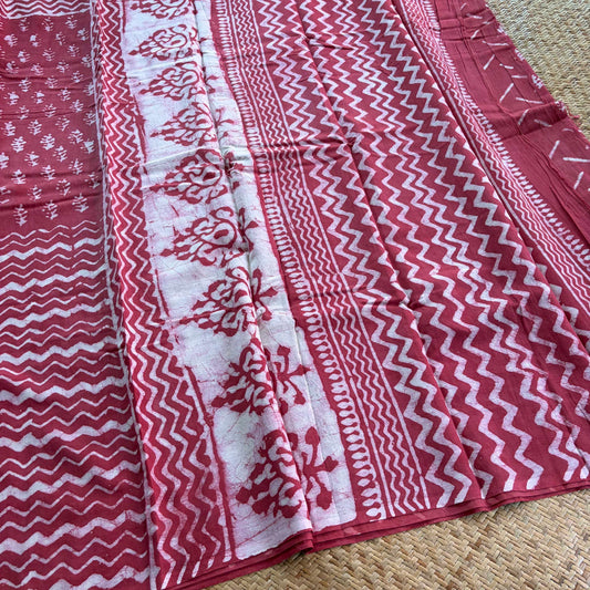Mul Mul Cotton saree, Hand Block Printed, Pink