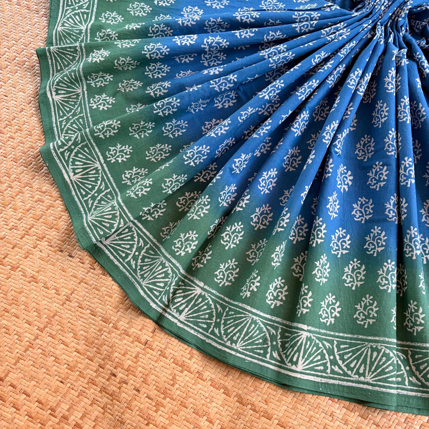 Mul Mul Cotton saree, Hand Block Printed, Blue