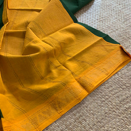 Green Saree With Yellow Half Fine Zari Border, Clamp dyed (Kattu sayam).