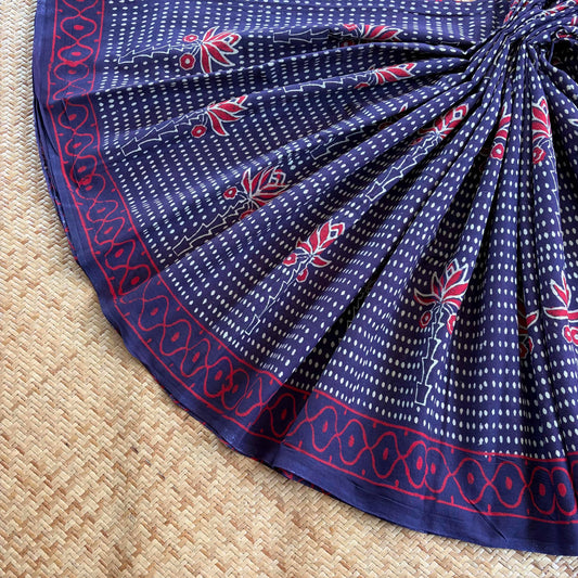 Mul Mul Cotton saree, Hand Block Printed, Blue