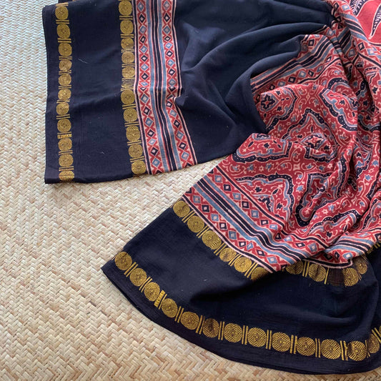 Madder, Ajrak Hand Block Printed On Madurai Cotton Saree With Zari