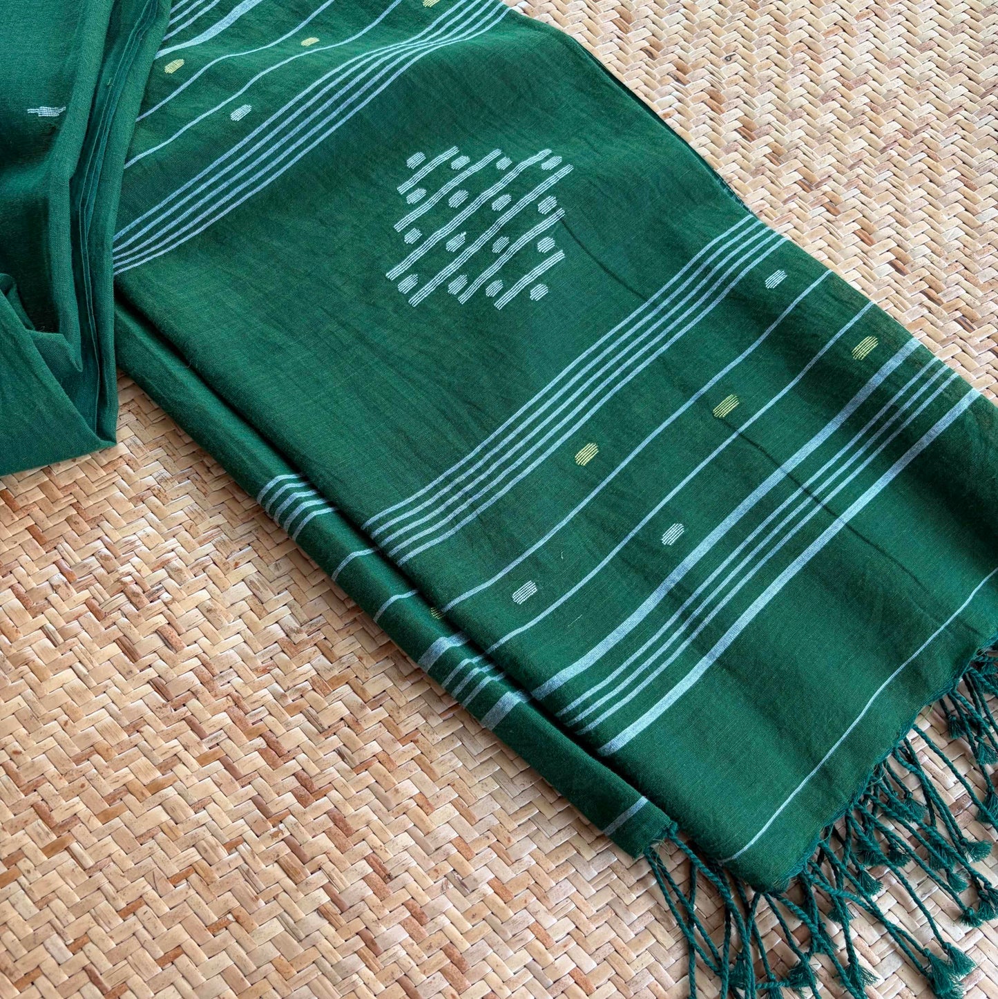 Green, Jamdani Cotton Handloom Dupatta