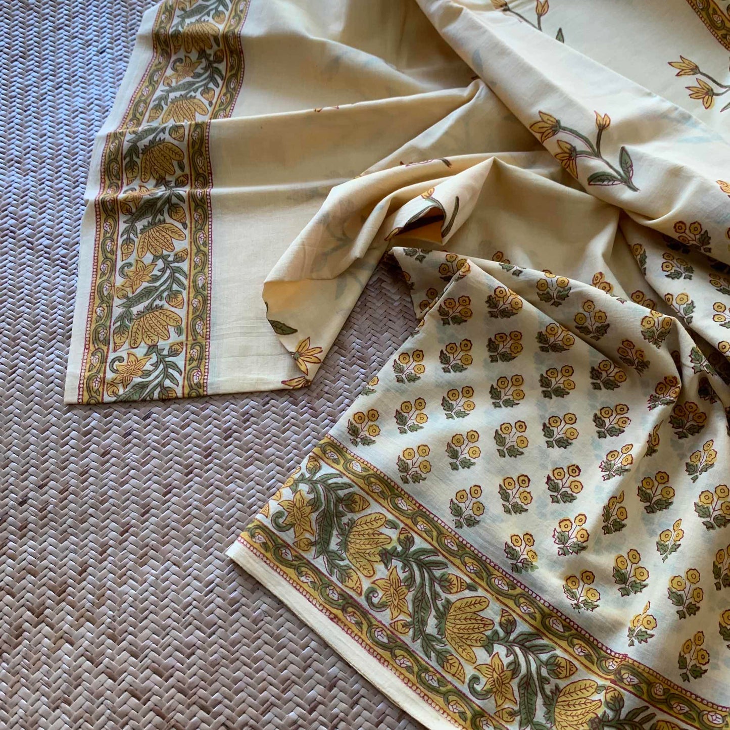 Mul Mul Cotton saree, Hand Block Printed, Pastel Yellow